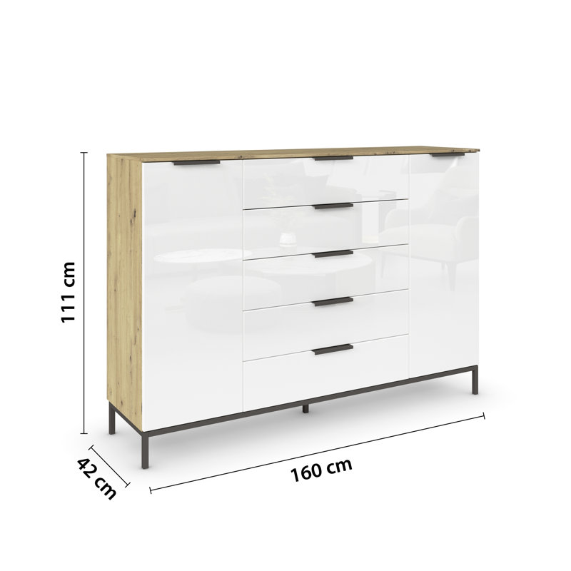5 - Drawer Chest of Drawers, Oak/White Glass/Graphite