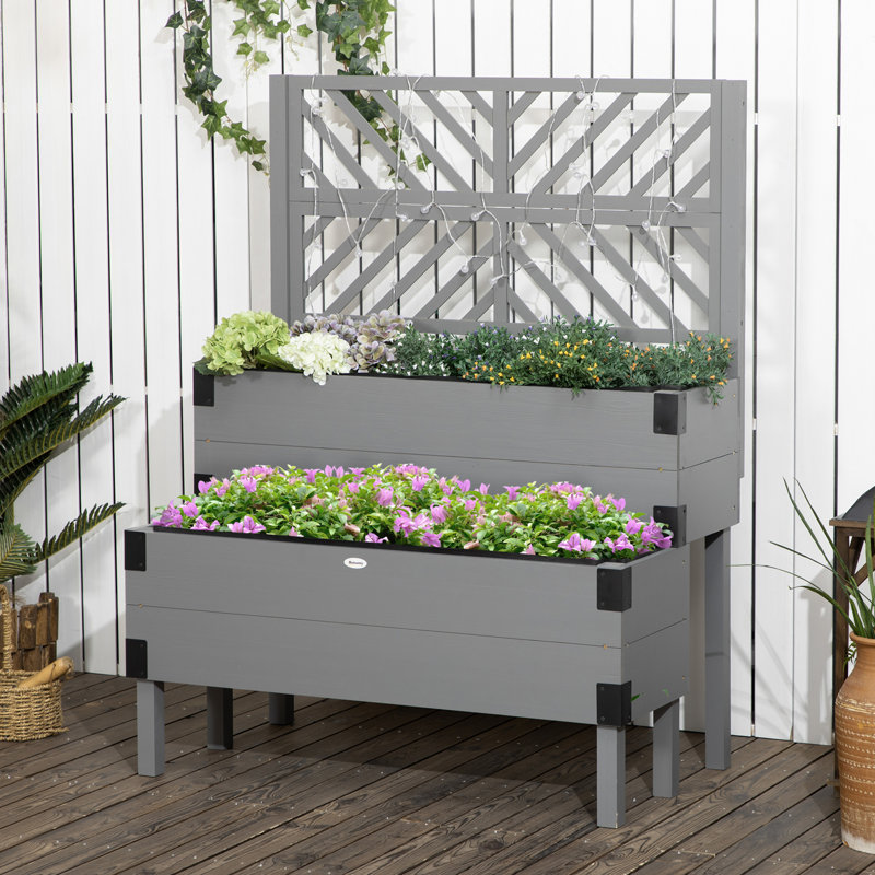 Lit de jardin en bois à 2 niveaux avec treillis Outsunny - Gris