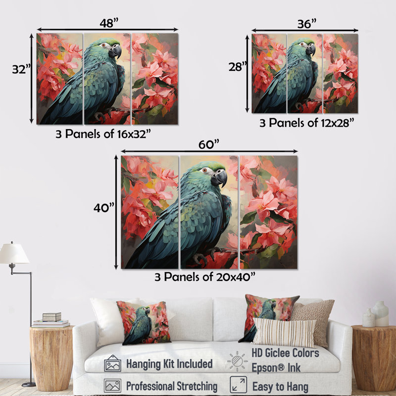 «Blue and Pink Parrot Paradise I», art mural perroquet, H 28 po x l 36 po, Toile tendue