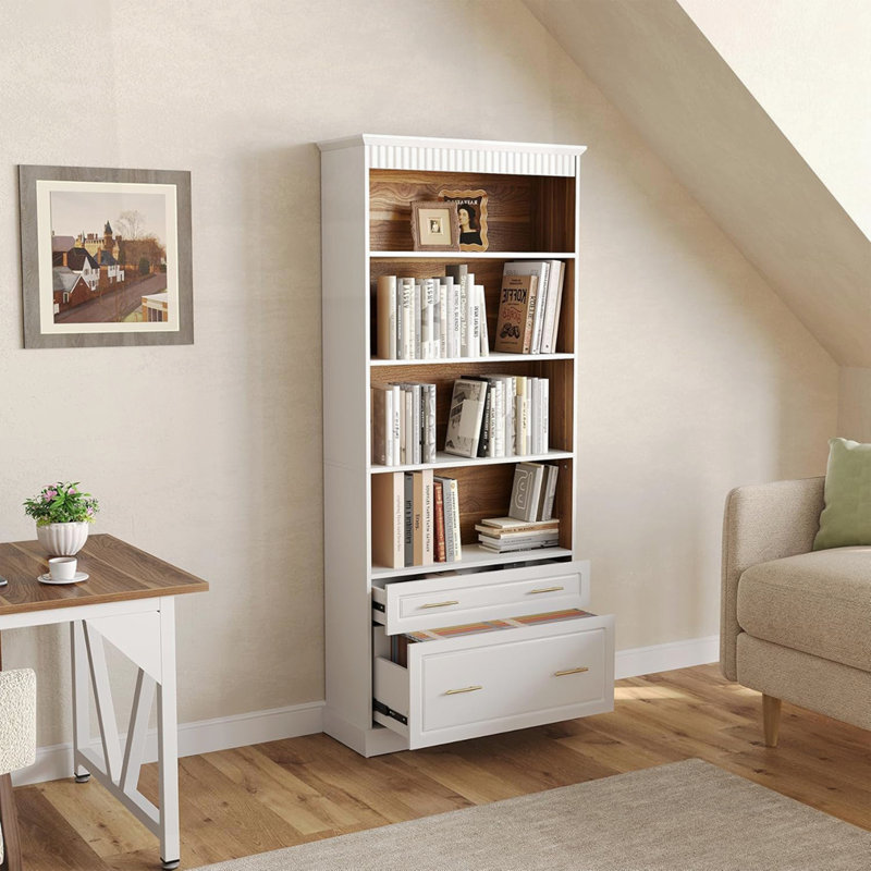 5-Tier White Bookcase with 2 Drawers Storage Organizer