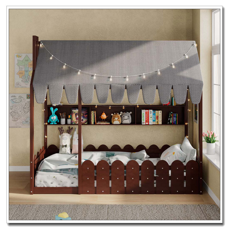 Lit au sol avec garde-corps, tente, lumières et 3 tablettes de rangement, Lit double, Espresso