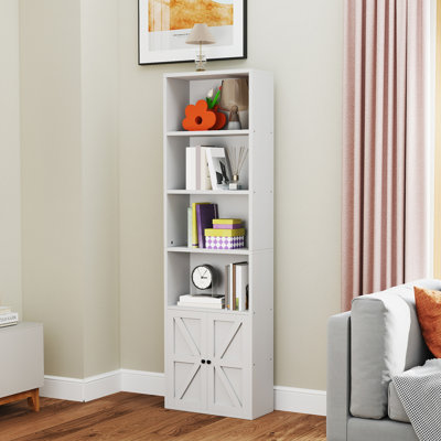 Tall Storage Bookcase With Doors, Freestanding Display Shelf For Living Room, Bedroom Or Office