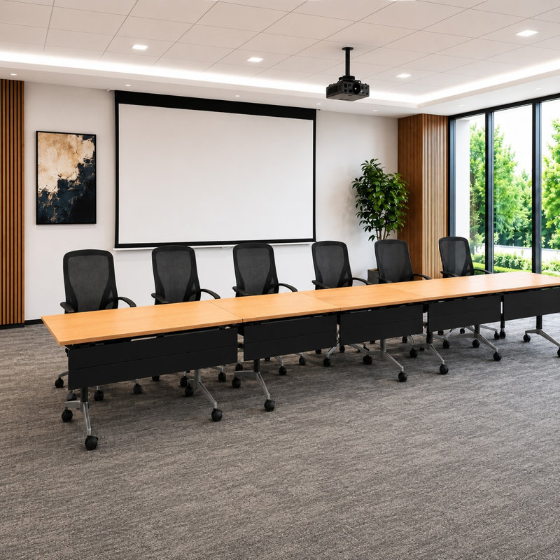 Les tables de formation pliables pour 6 personnes, extra longues pour les colloques et les conférences avec plateau épais, pieds pliables et boîtes électriques intégrées, incluent les chaises de bureau commerciales.