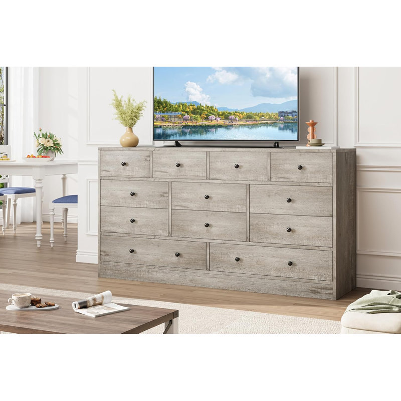 Commode 12 tiroirs, commode de rangement en bois avec prise de courant 61 po, Gris