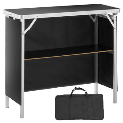 Table de bar pliante portable avec étui de transport, tablette de rangement et jupe en polyester, comptoir de salon 38 po x 15 po x 34 po, aluminium, plateau de 111 livres, noir