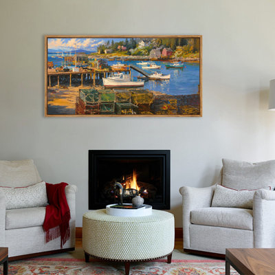 Bord de mer avec bateaux de pêche, reproduction d'art sur toile encadrée, paysage panoramique, salon, chambre à coucher et bureau
