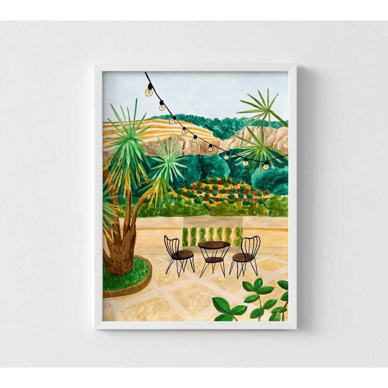 Vue de patio luxuriant - impression de patio aquarelle vibrante | Œuvre encadrée de jardin, 48" H x 36" W, White