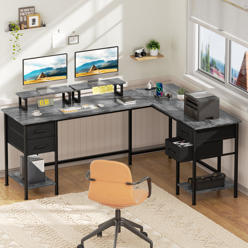 66” L-Shaped Computer Desk with Power Outlet, 29.1" H x 66.1" W x 47.2" D, Gray