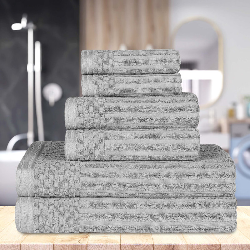 Ruvins Cotton Highly Absorbent 6-Piece Solid and Checkered Border Towel Set, Silver
