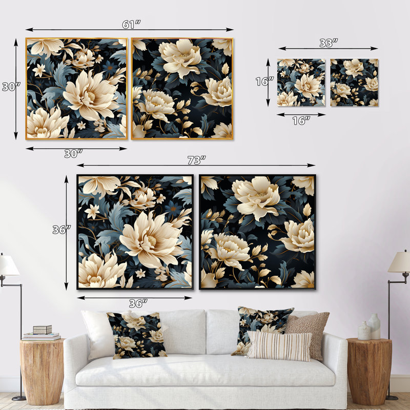 Ipomee - Ensemble de 2 collages carrés floraux, H 16 po x l 33 po, Cadre flottant brun