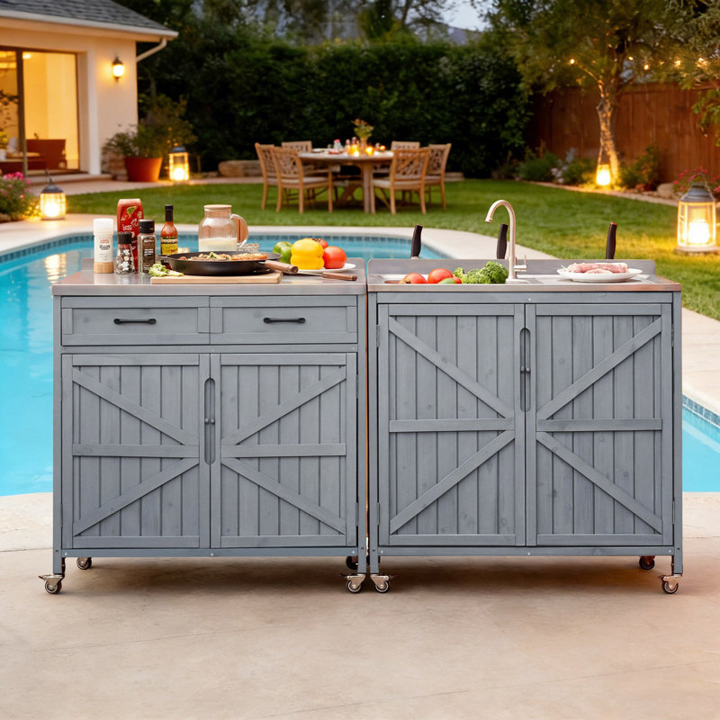 38.7''H 2 Piece Outdoor Kitchen Island Modular Solid Wood Set Bar Cart With Stainless Steel Top, Gray