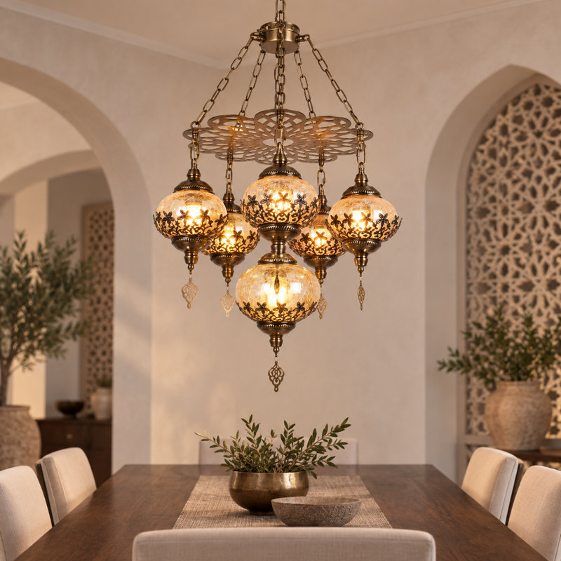 Lustre marocain à 6 globes en verre craquelé avec sources lumineuses