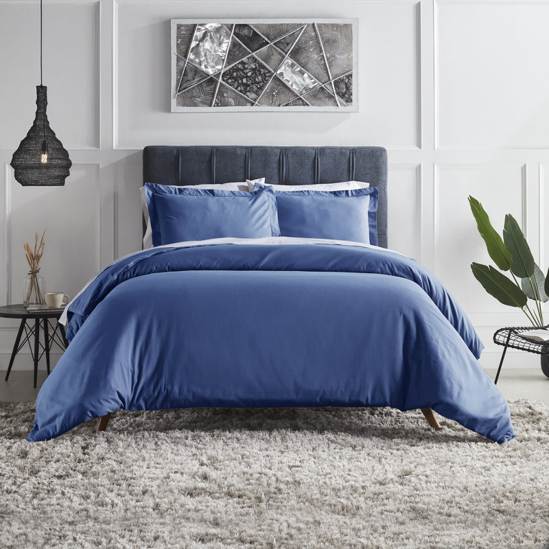 Cotton Solid Colour Duvet Cover, King Duvet Cover + 2 King Pillows Cases, Blue