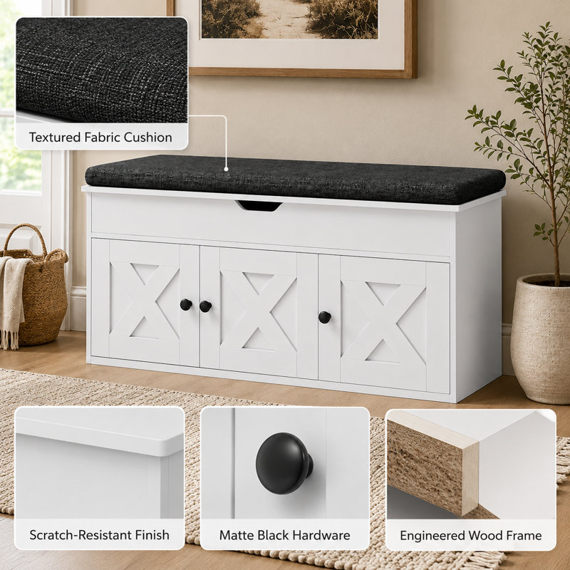 Banc de rangement Modern Farmhouse, armoire à chaussures blanche avec portes de grange et siège à coussin pour la chambre à coucher du vestibule