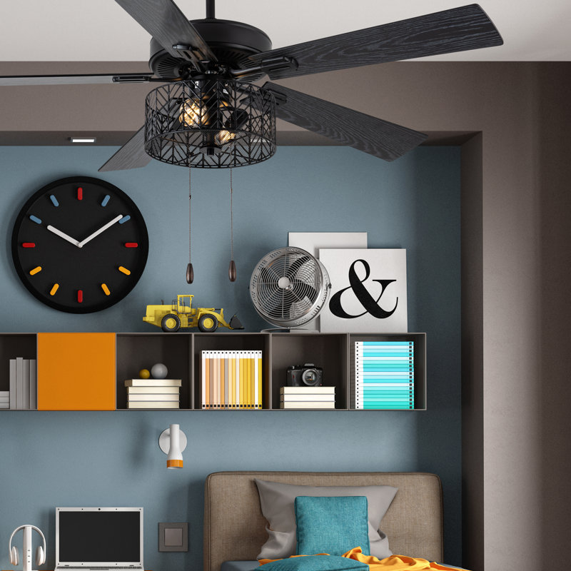 52"W Emmie 5 - Blade Ceiling Fan with Black Metal Caged Shade