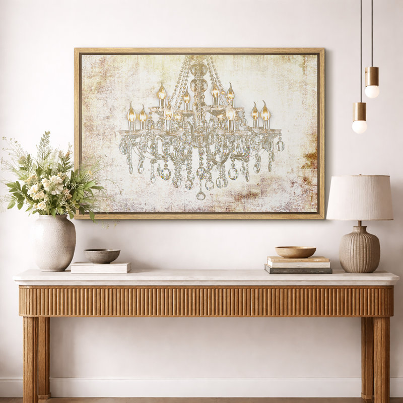 Glam Chandelier "Bright Gold Crystal Light Collier Artwork, Vintage Elegant Wall Pictures, Large Framed Canvas Giclée Print Wall Art"