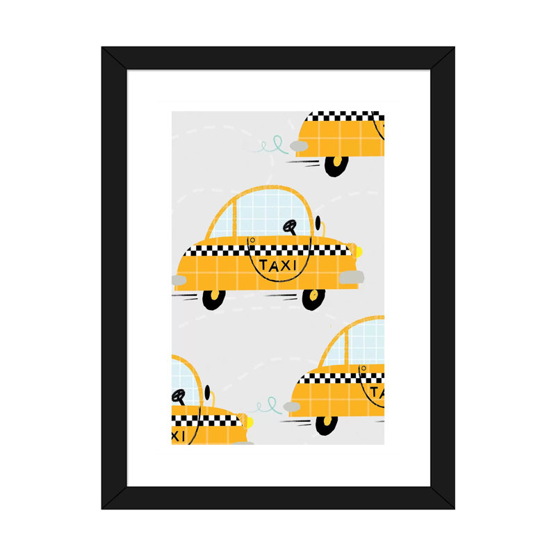 On the Road Taxis - impression d'art graphique, H 24 po x l 16 po x P 1 po, Papier encadré noir, Blanc
