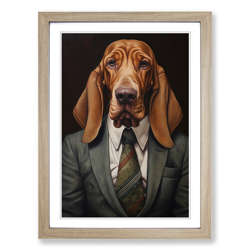 Basset Hound in a Suit No.2 1 Piece Single Picture Frame Wall Art, 46cm H x 34cm W x 2cm D, Oak Framed
