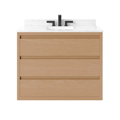 Meuble-lavabo simple en placage de bois de chêne véritable 24 po avec comptoir en pierre d'ingénierie Arabescato et lavabo sous-comptoir en porcelaine Mercer