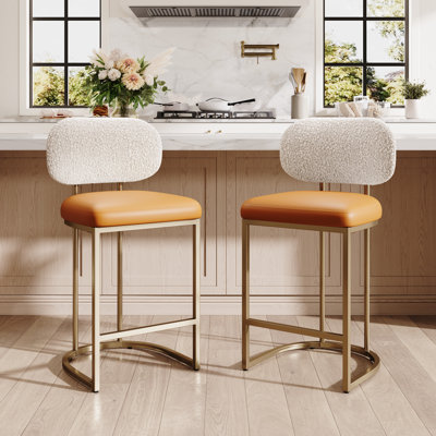 24" Upholstered Counter Height Stool with Orange Faux Leather Seat and Gold Metal Frame (Set of 2)