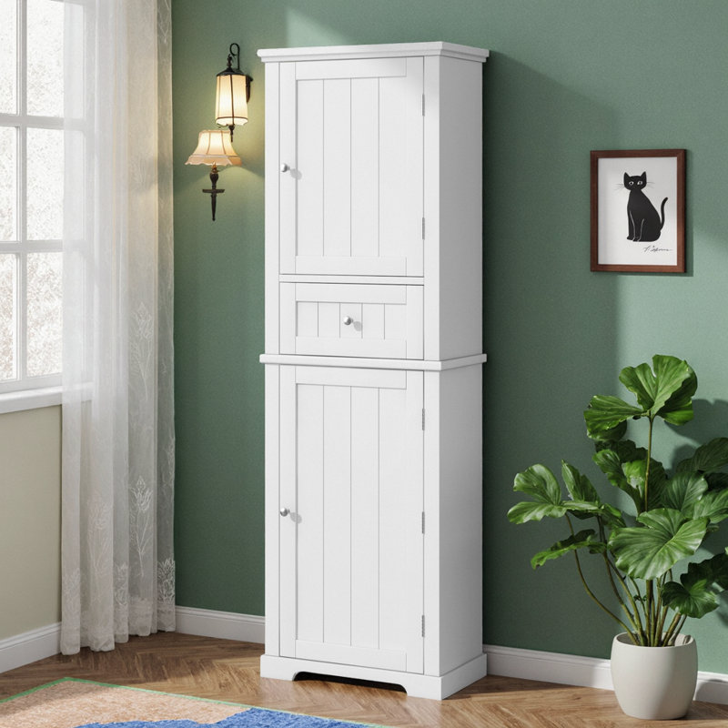 Armoire de rangement de luxe pour salle de bain étroite et étroite, armoire autoportante 67,7 po avec 2 portes, 1 tiroir et tablette réglable, tour de rangement grise peu encombrante
