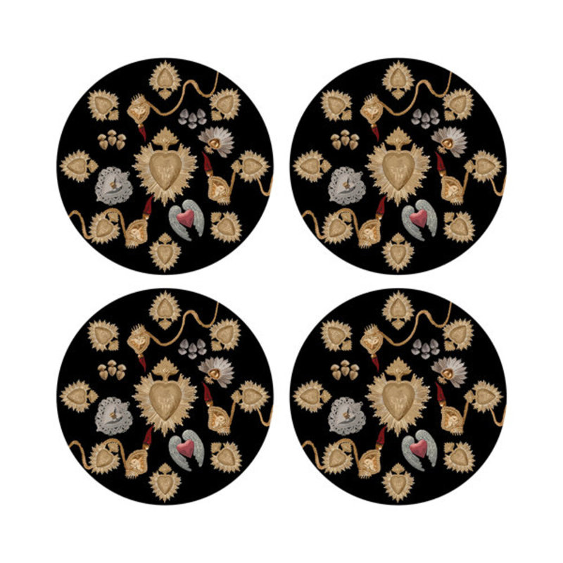 Ex Vote Sacred Hearts Evergreen Vegan Leather Round Coasters, Black