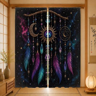 2 pièces de rideaux attrape-rêves, motif de lune céleste et de soleil, imprimé de ciel étoilé mystique, protection de l'intimité filtrant la lumière, conception de passe-tringle, convient au salon, à la chambre à coucher, au balcon, à la cuisine