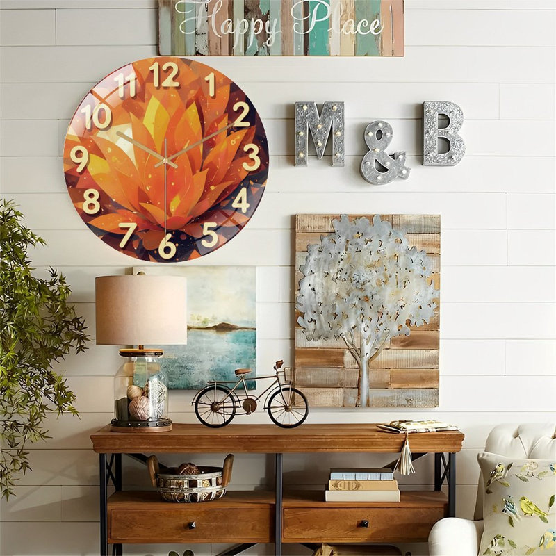 Horloge murale orange en verre 12 po
