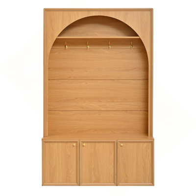 Farmhouse All-in-One Hall Tree with Adjustable Shelves and 4 Golden Hooks, Retro Arched Entryway Storage Bench with 3 Cabinets, Natural Teak