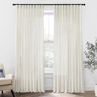 Extra Wide Curtains 70 In Width For 60 & 72 Inch Window,Pleated Back Tab Linen Semi Sheer Full Length Curtains For Living Room Sliding Glass Door 2 Panel Set70x108 Inches Long,Cream
