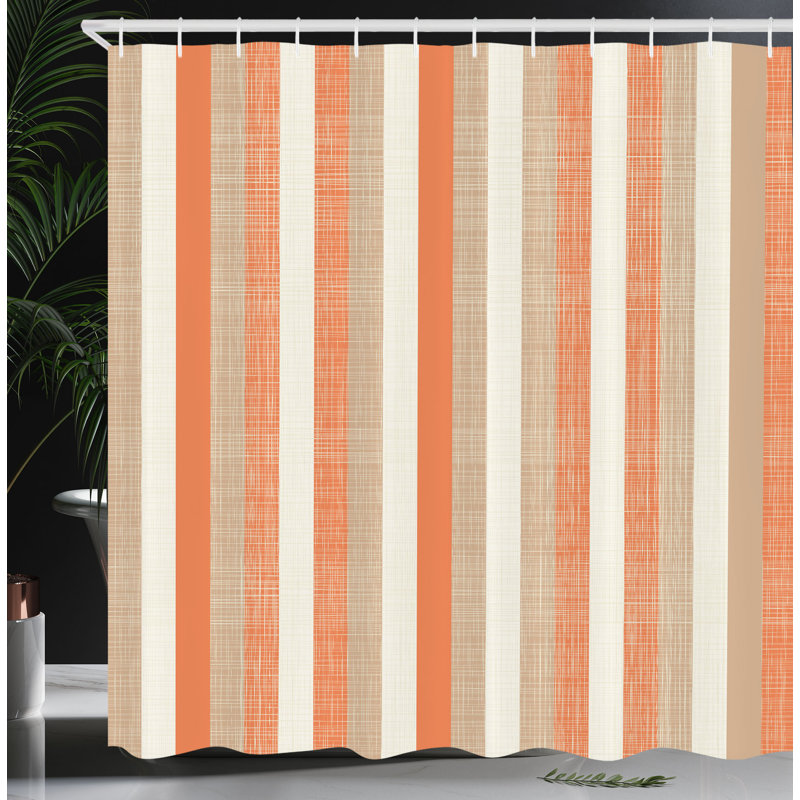 Burnt Orange and Beige Striped Fabric Shower Curtain with Hooks