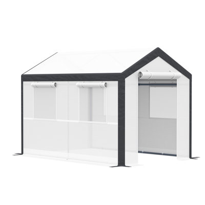 10' X 7' Greenhouse For Outdoor Garden, Warm House With 4 Windows, 2 Zippered Doors & Weather Cover, White Doors, Windows