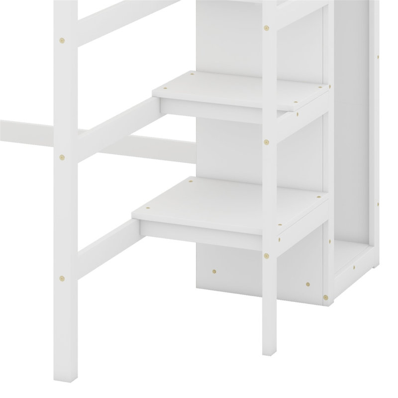 Loft Bed With Built-In Storage Wardrobe And Staircase, White