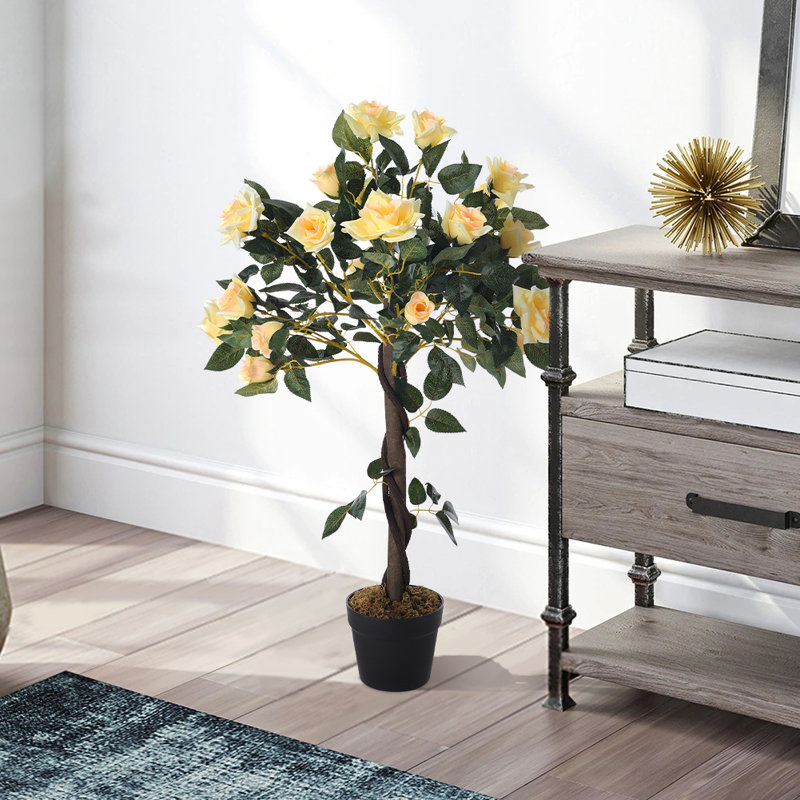 90cm Yellow Artificial Rose Flower Tree in Pot for Decoration, Yellow