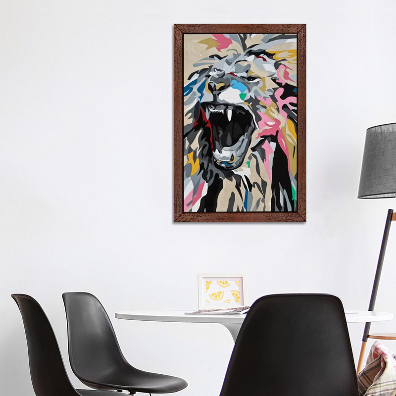 Roaring Lion by DAAS - Painting on Canvas, 101.6 cm H x 66.04 cm W, Brown Framed