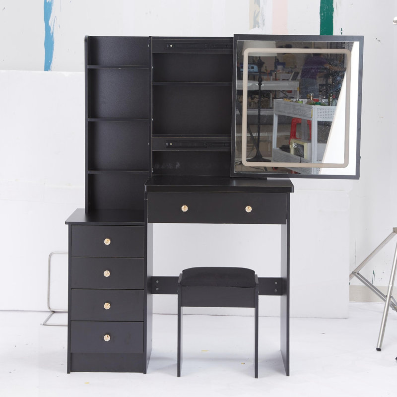 Meuble-lavabo 37 po avec tabouret rembourré, Noir