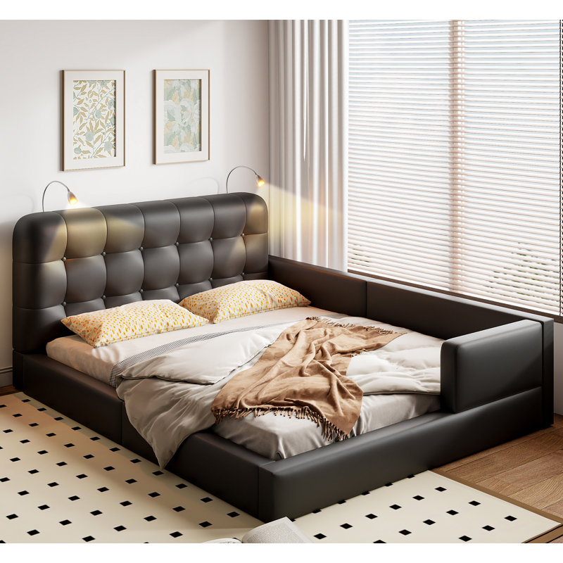 Queen Upholstered Platform Bed with Reading Lights, Black