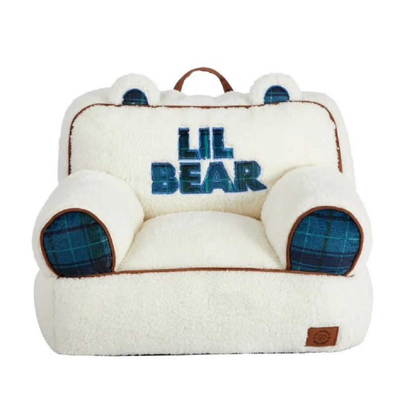 Fauteuil à billes en peluche Sherpa Lil Bear, Polyester blanc / bleu marine