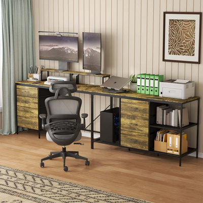114" L-shaped Desk with Power Hub, Industrial Gaming Desk - 6 Drawers, Removable Monitor Stand, Rustic Brown Home Office