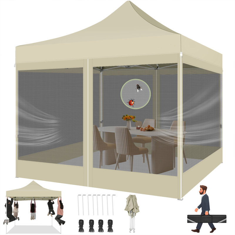 10x10 Heavy Duty Canopy Tent, Pop up Gazebo with Netting Screened ,Waterproof, Khaki