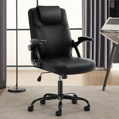 Executive Leather Office Chair, PU Task Chair with Flip-up Arms, Ergonomic PU Leather Computer Chairs, Comfy 360 ° Swivel Rolling Chair, for Study, Of