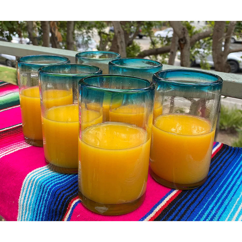 Hand Blown Mexican Drinking Glasses - Aqua Rim 14 Oz.