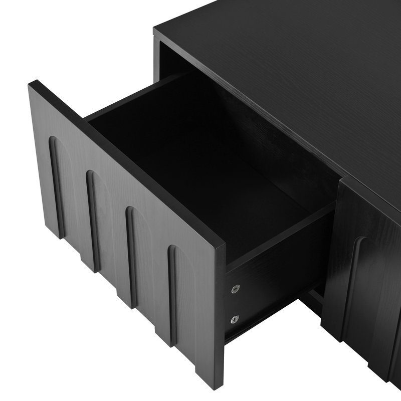 Ensemble de meuble télé et table basse, multifonctionnel, tiroir arqué, 8 tiroirs, accessoires de chargeurs de rangement, combinaison, différents espaces domestiques, noir élégant et fonctionnel avec tiroirs pour
