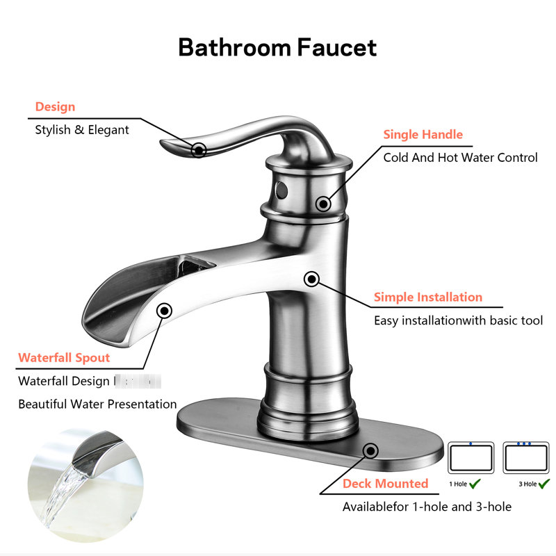 Bathroom Waterfall Tap, Brushed Nickel, Single Handle, Hole, 1.75 Gallons Per Minute Flow Elegant Faucet, Spout In Resists Fading