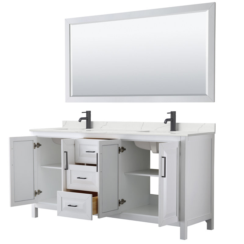Meuble-lavabo double 72 po avec plateau en quartz et miroir Daria, White Quartz, Blanc, Noir mat