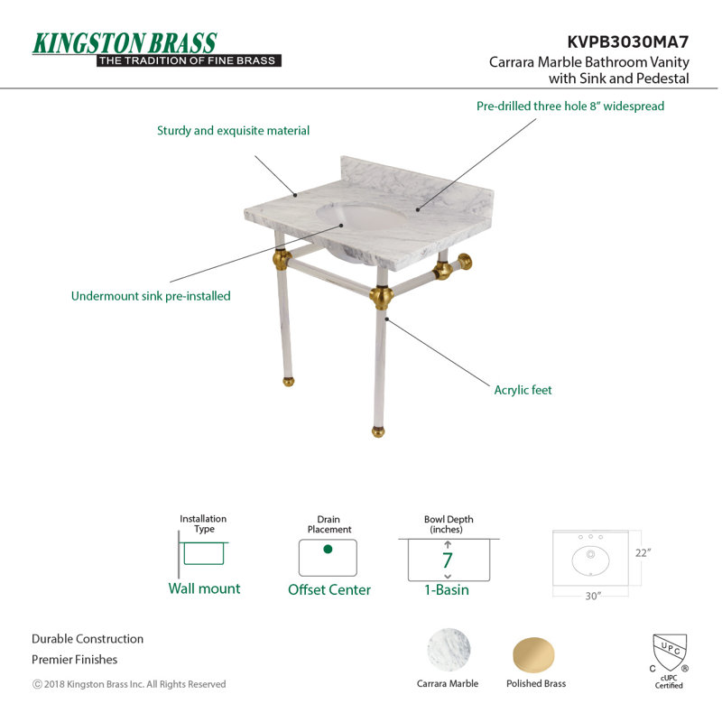 Kingston Brass Templeton 30-Inch Vanity Top with Clear Acrylic Legs (8-Inch, 3-Hole), Carrara Marble/Satin Brass