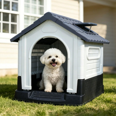 Grande niche pour chien en plastique, niche pour chien d'extérieur de 25,2 po avec toit incliné et plancher surélevé, abri pour animaux imperméable avec évents pour chiens de taille moyenne, gris