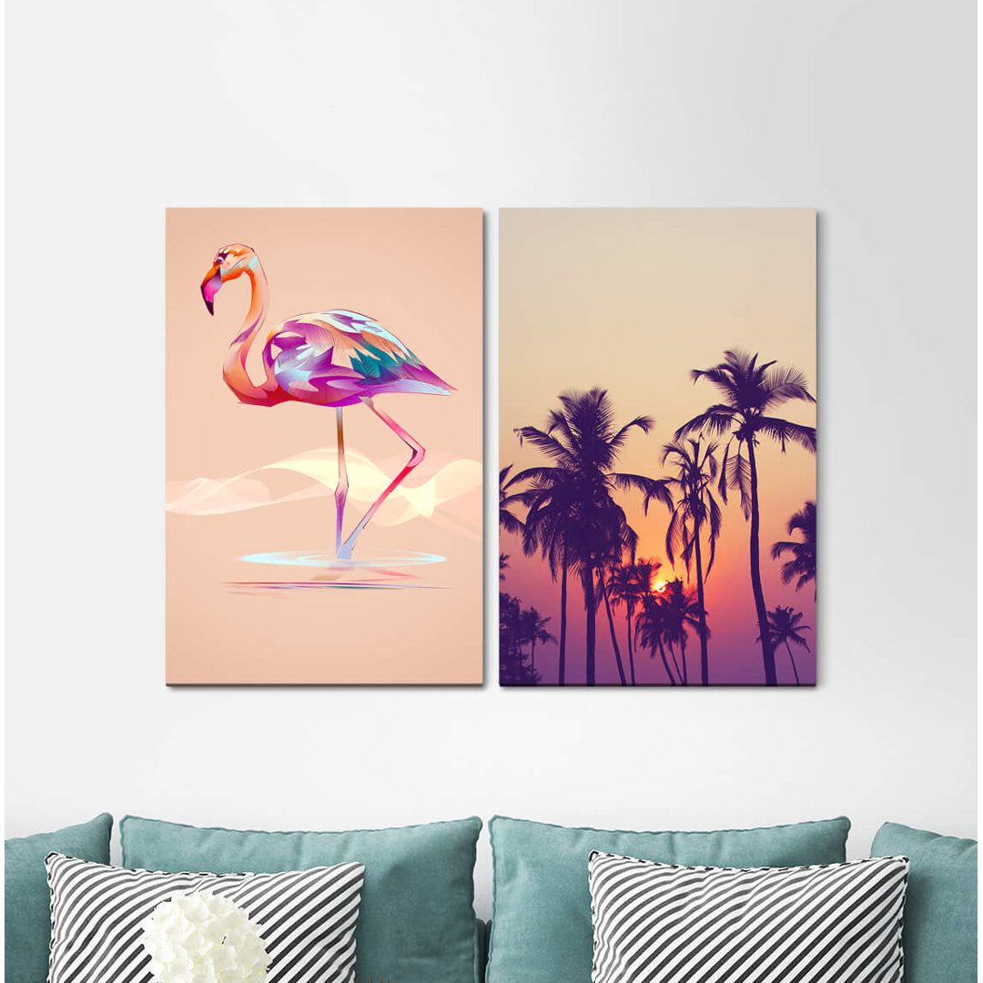 2-tlg. Leinwandbilder-Set Palms Florida Flamingo Summer Holiday South