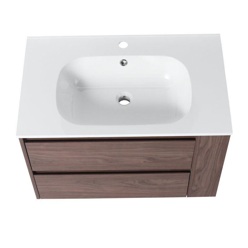 Meuble-lavabo mural avec lavabo en gel, Chêne brun