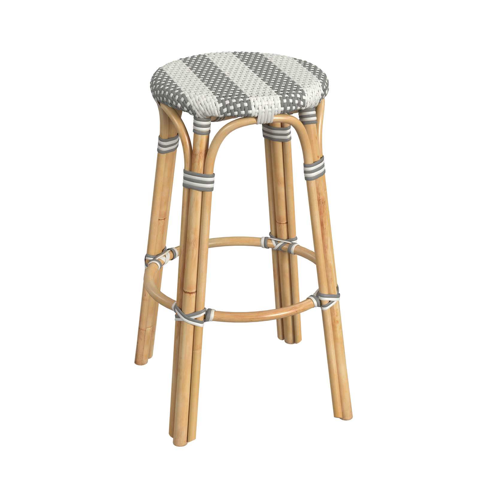 Alastair Bar & Counter Stool, Bar Stool (30" Seat Height), Gray/White Stripe/Natural Rattan Frame